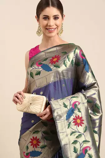 Navy blue floral zari silk blend paithani saree