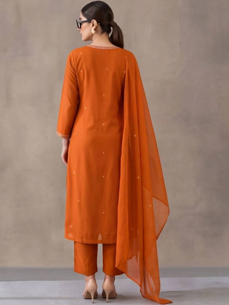 women ethnic motifs embroidered regular thread work cotton kurta with trousers & with dupatta
