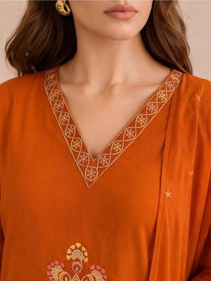 women ethnic motifs embroidered regular thread work cotton kurta with trousers & with dupatta 4