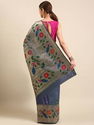 Navy blue floral zari silk blend paithani saree 3
