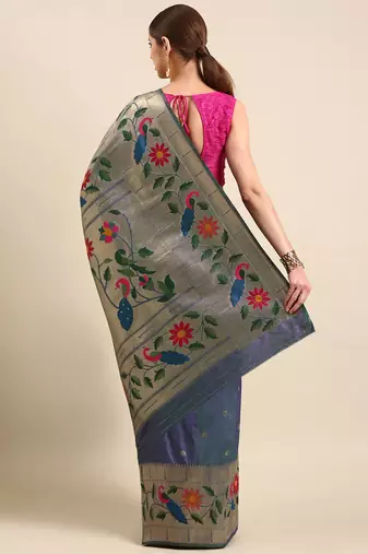 Navy blue floral zari silk blend paithani saree