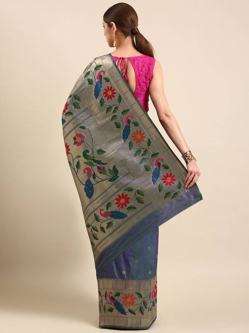 Navy blue floral zari silk blend paithani saree