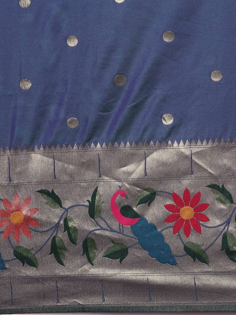 Navy blue floral zari silk blend paithani saree