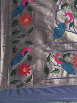Navy blue floral zari silk blend paithani saree 5