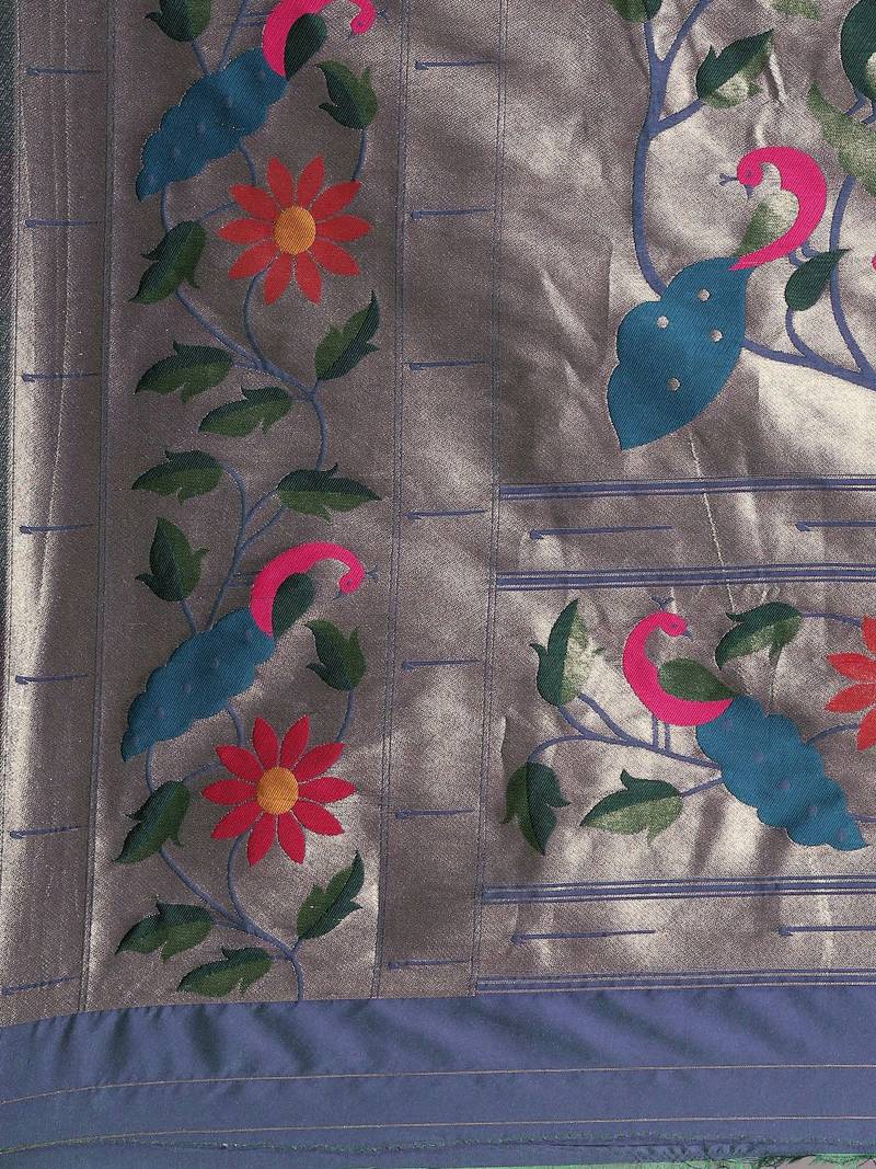 Navy blue floral zari silk blend paithani saree