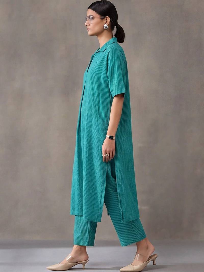 women striped regular cotton kurta with trousers