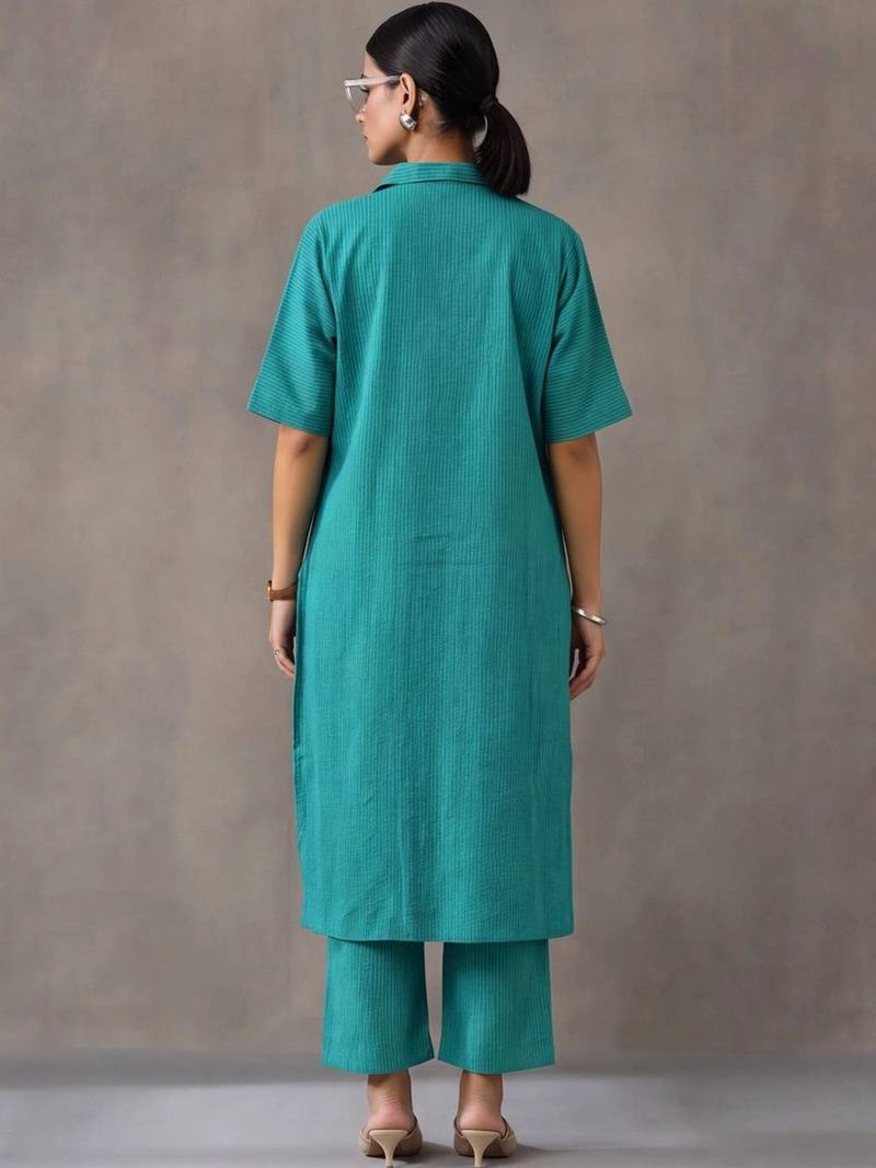 women striped regular cotton kurta with trousers
