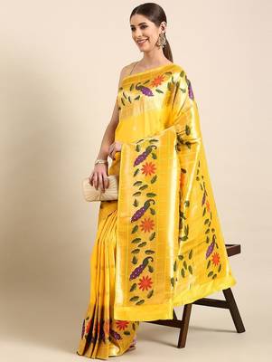 Yellow woven design zari silk blend paithani saree 1