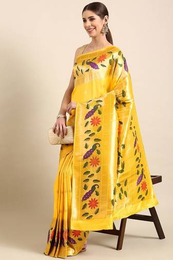 Yellow woven design zari silk blend paithani saree