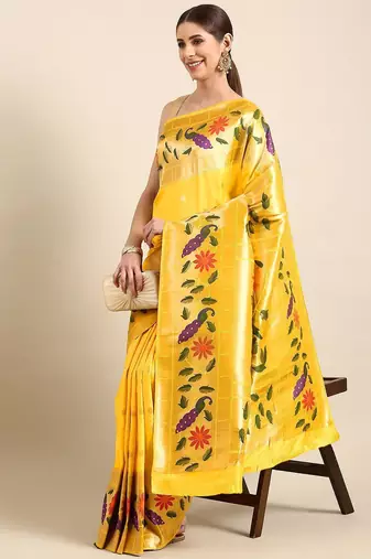 Yellow woven design zari silk blend paithani saree