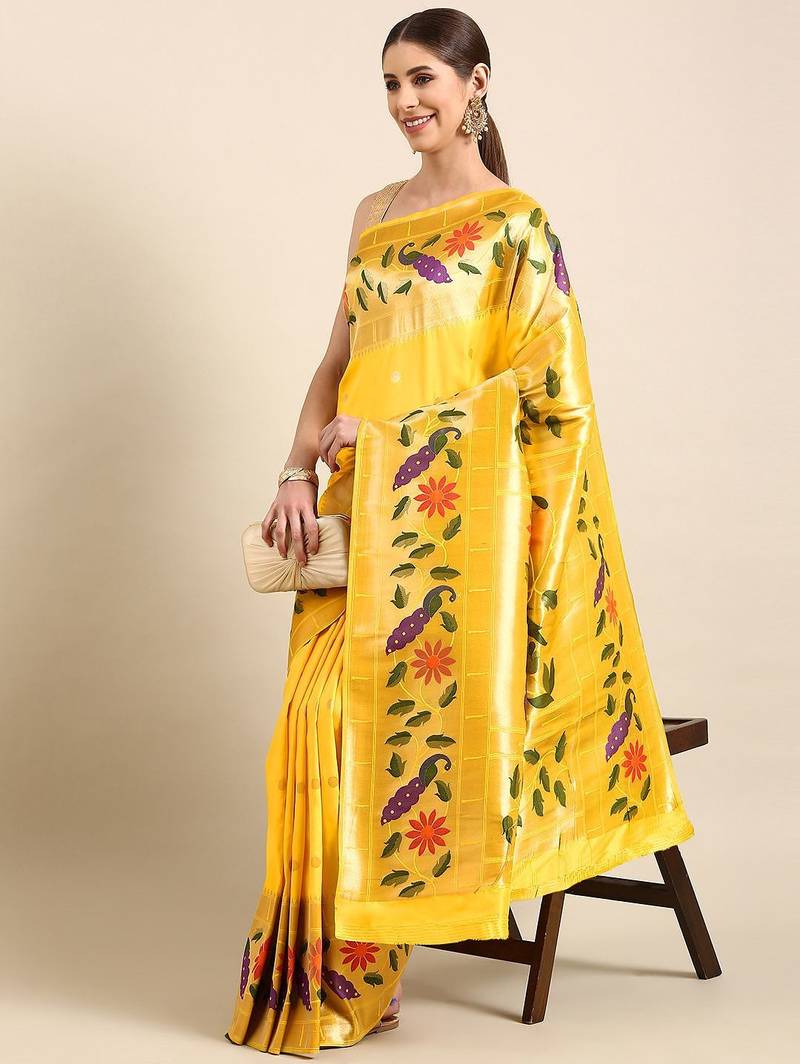 Yellow woven design zari silk blend paithani saree