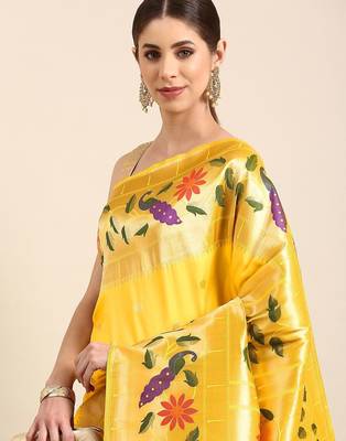 Yellow woven design zari silk blend paithani saree 2