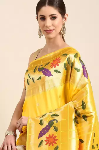 Yellow woven design zari silk blend paithani saree