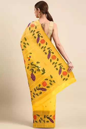 Yellow woven design zari silk blend paithani saree
