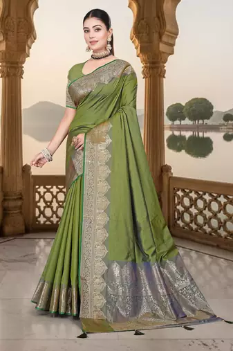 banarasi olive silk blend saree with golden zari border work and tassels with blouse