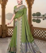 banarasi olive silk blend saree with golden zari border work and tassels with blouse