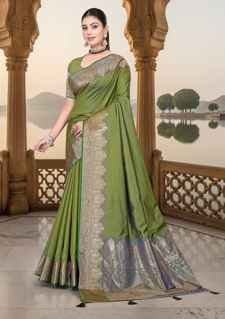 banarasi olive silk blend saree with golden zari border work and tassels with blouse