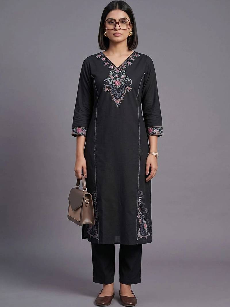 women ethnic motifs embroidered regular thread work kurta with trousers