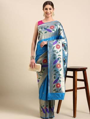 blue woven design zari silk blend paithani saree 1