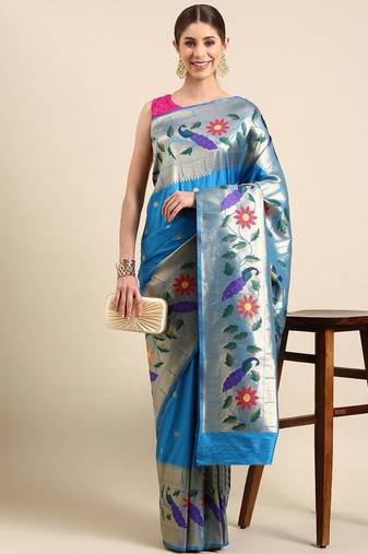 blue woven design zari silk blend paithani saree