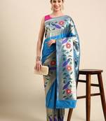 blue woven design zari silk blend paithani saree
