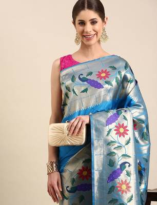 blue woven design zari silk blend paithani saree 2