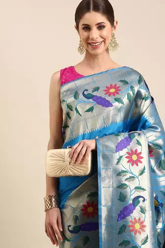 blue woven design zari silk blend paithani saree