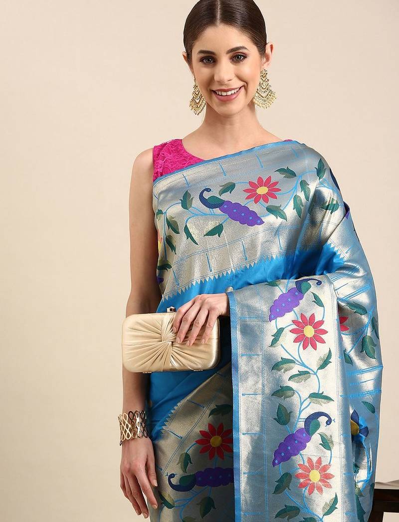 blue woven design zari silk blend paithani saree