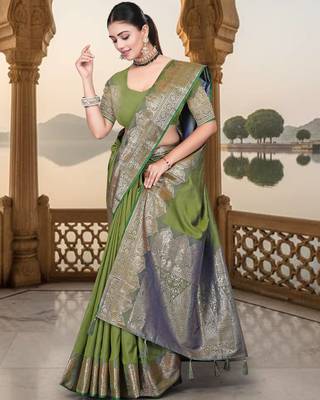 banarasi olive silk blend saree with golden zari border work and tassels with blouse 2