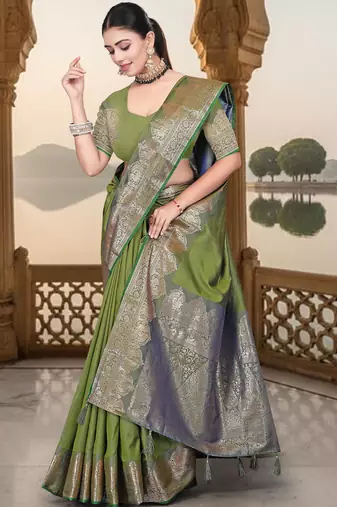 banarasi olive silk blend saree with golden zari border work and tassels with blouse