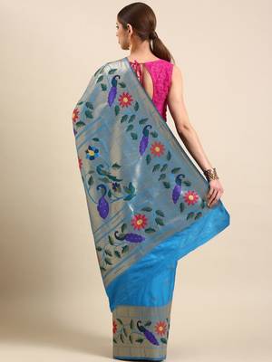 blue woven design zari silk blend paithani saree 3