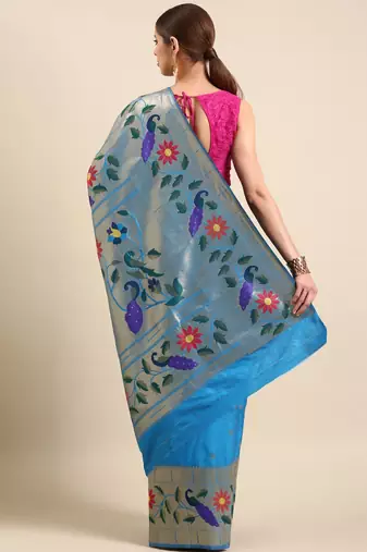 blue woven design zari silk blend paithani saree