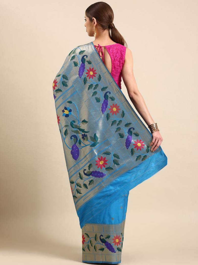 blue woven design zari silk blend paithani saree