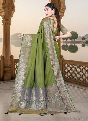 banarasi olive silk blend saree with golden zari border work and tassels with blouse 3