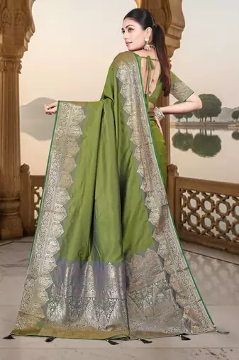 banarasi olive silk blend saree with golden zari border work and tassels with blouse