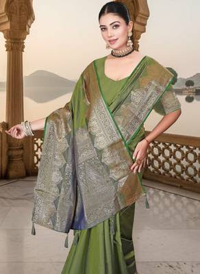 banarasi olive silk blend saree with golden zari border work and tassels with blouse 4