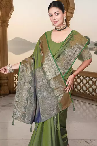 banarasi olive silk blend saree with golden zari border work and tassels with blouse
