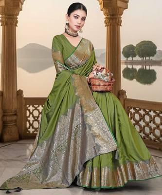 banarasi olive silk blend saree with golden zari border work and tassels with blouse 5