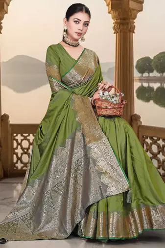 banarasi olive silk blend saree with golden zari border work and tassels with blouse