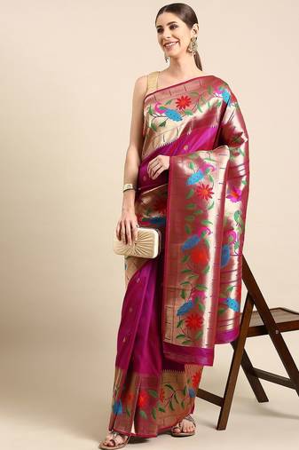 Purple woven design zari silk blend paithani saree