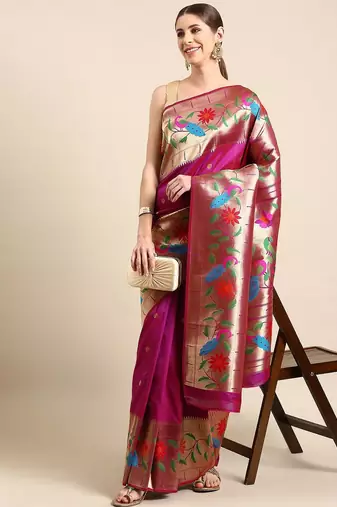 Purple woven design zari silk blend paithani saree