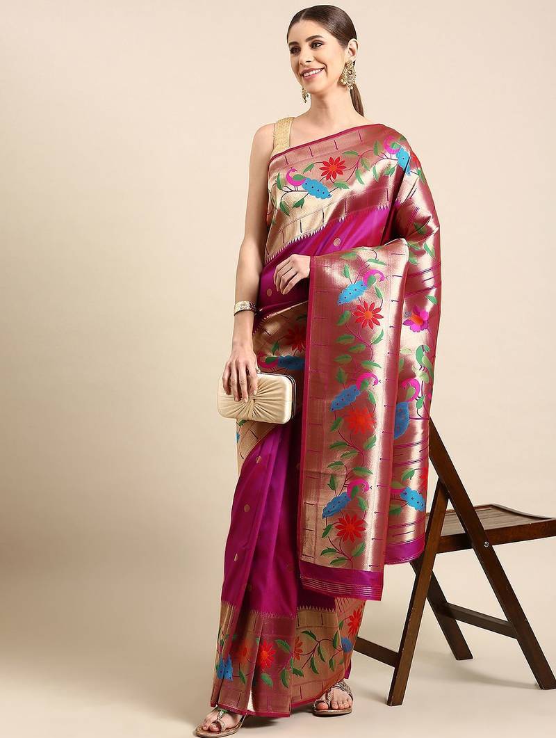 Purple woven design zari silk blend paithani saree