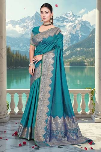 banarasi teal silk blend saree with golden zari border work and tassels with blouse