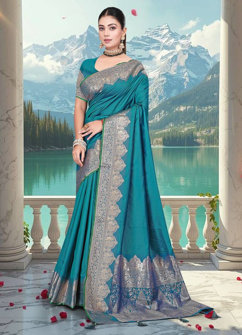 banarasi teal silk blend saree with golden zari border work and tassels with blouse
