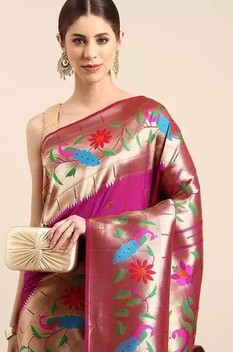Purple woven design zari silk blend paithani saree