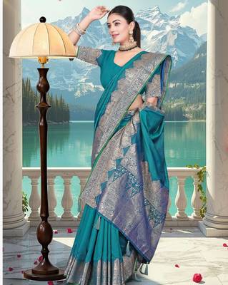 banarasi teal silk blend saree with golden zari border work and tassels with blouse 2