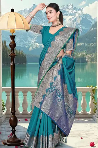 banarasi teal silk blend saree with golden zari border work and tassels with blouse