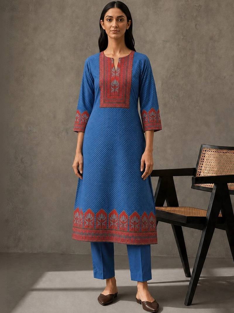 women ethnic motifs printed regular kurta with trousers