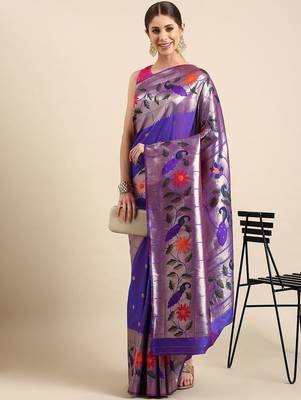 purple woven design zari silk blend paithani saree 1