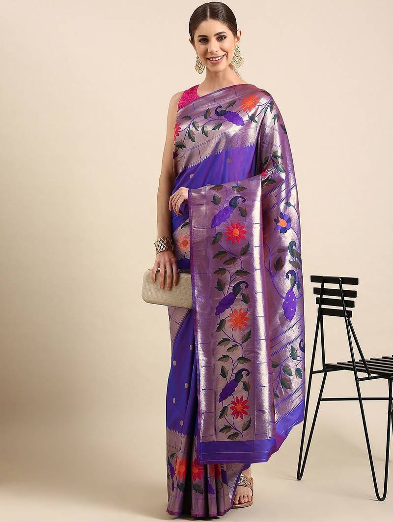 purple woven design zari silk blend paithani saree